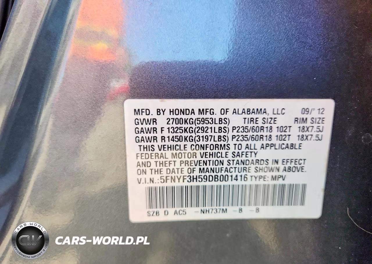 2013 Honda Pilot Exl VIN:5FNYF3H59DB001416 - 14