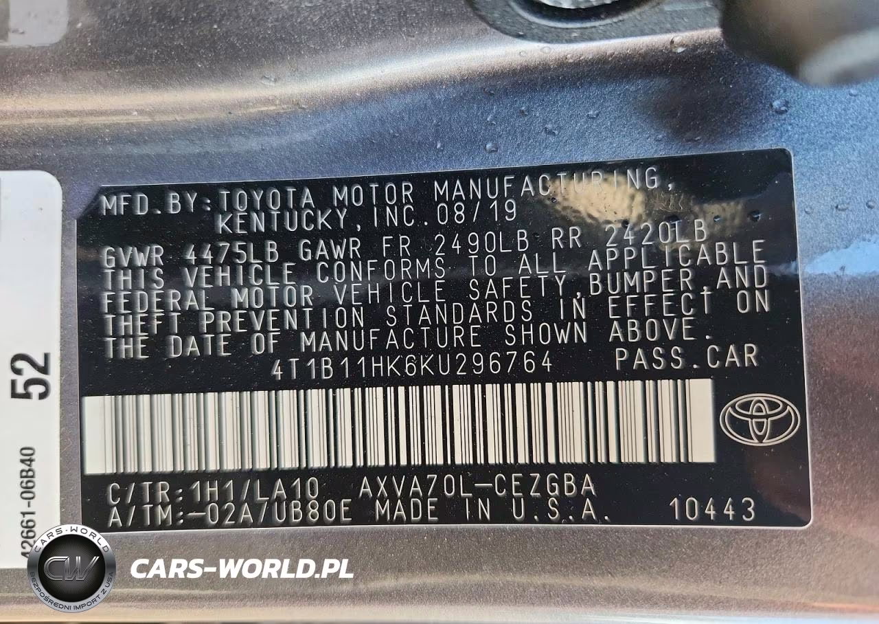 2019 Toyota Camry Xle VIN:4T1B11HK6KU296764 - 12