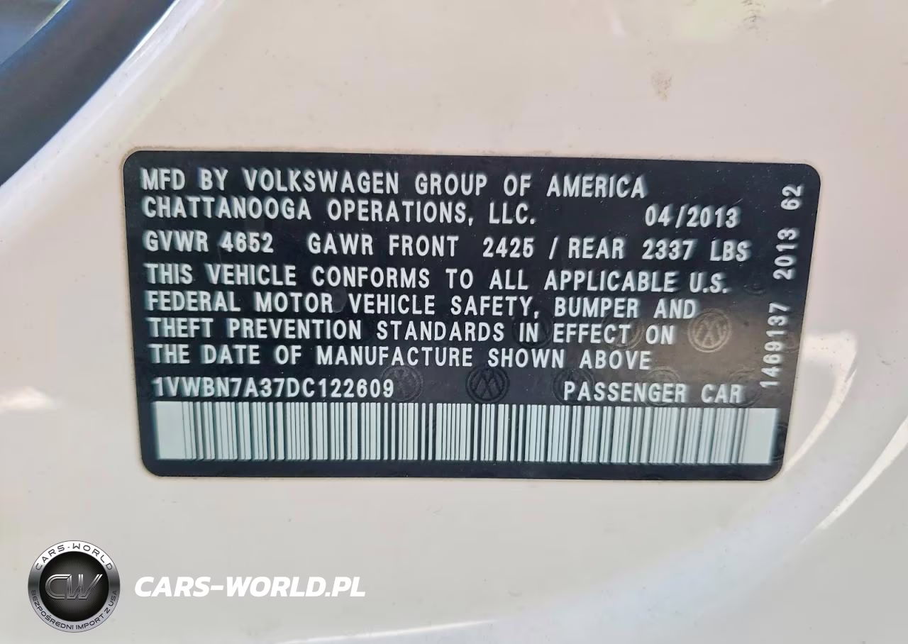 2013 Volkswagen Passat Se VIN:1VWBN7A37DC122609 - 12