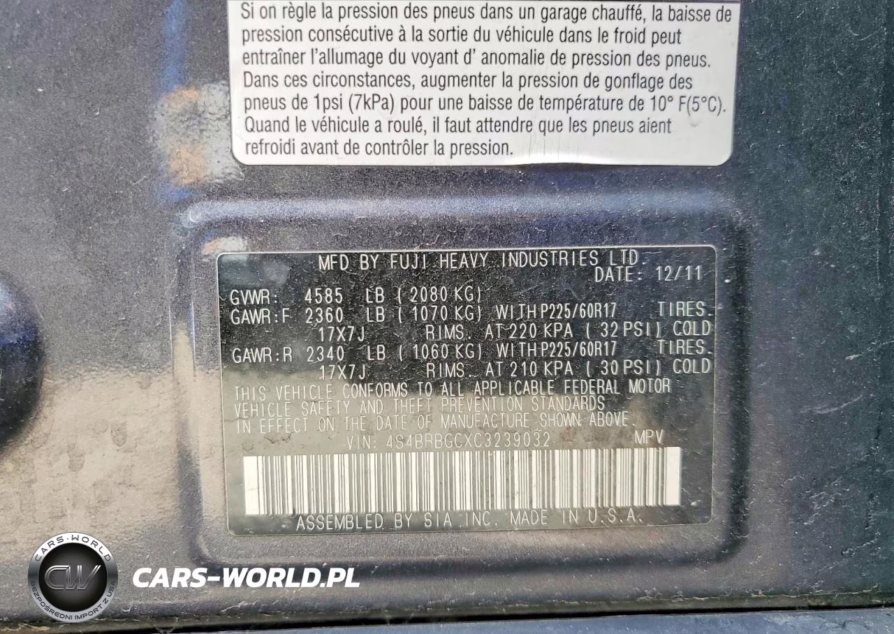 2012 Subaru Outback 2.5I Premium VIN:4S4BRBGCXC3239032 - 12