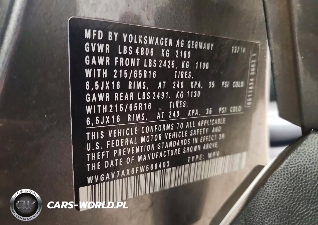 2015 Volkswagen Tiguan S VIN:WVGAV7AX6FW566403 - 12