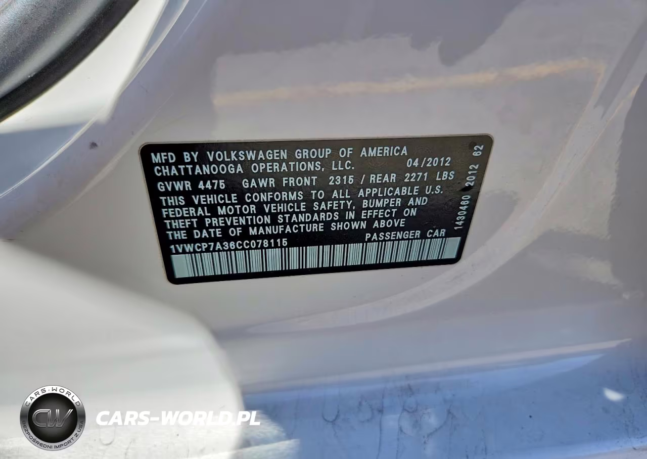 2012 Volkswagen Passat Sel VIN:1VWCP7A36CC078115 - 12