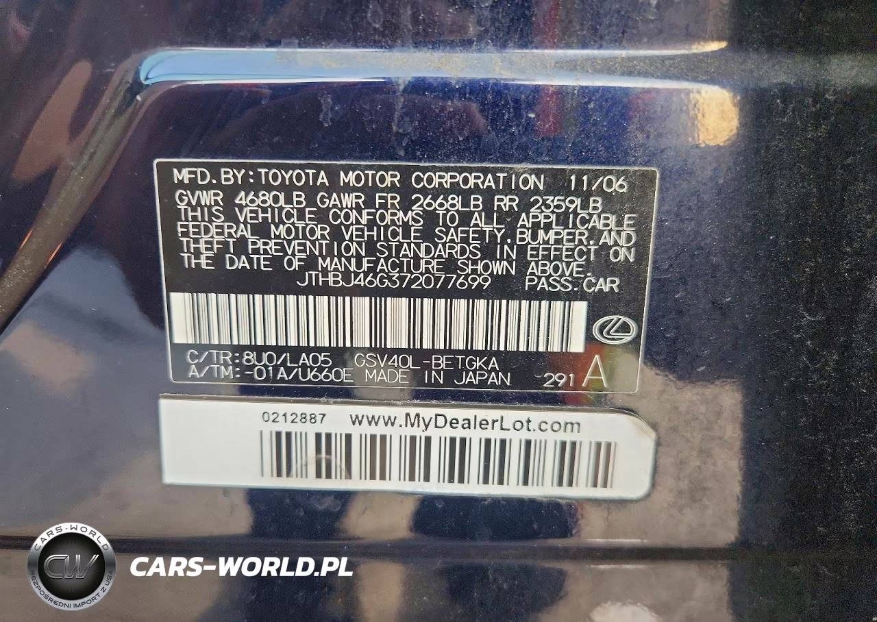 2007 Lexus Es 350 VIN:JTHBJ46G372077699 - 12