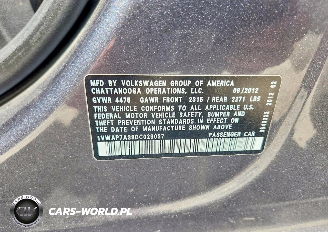 2013 Volkswagen Passat S VIN:1VWAP7A38DC029037 - 12