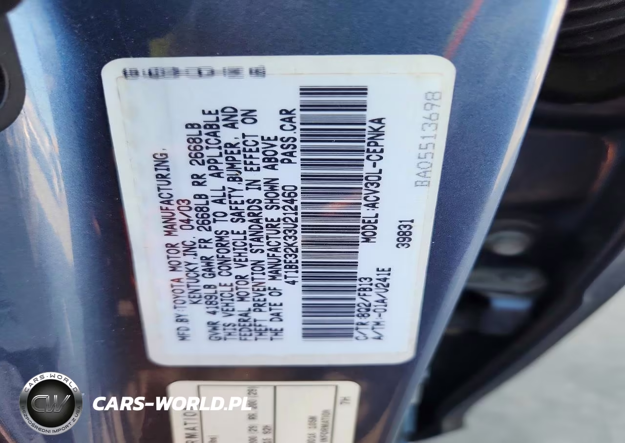 2003 Toyota Camry Le VIN:4T1BE32K33U212460 - 12