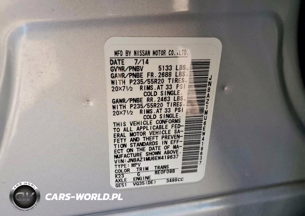 2014 Nissan Murano Le VIN:JN8AZ1MU6EW419637 - 14