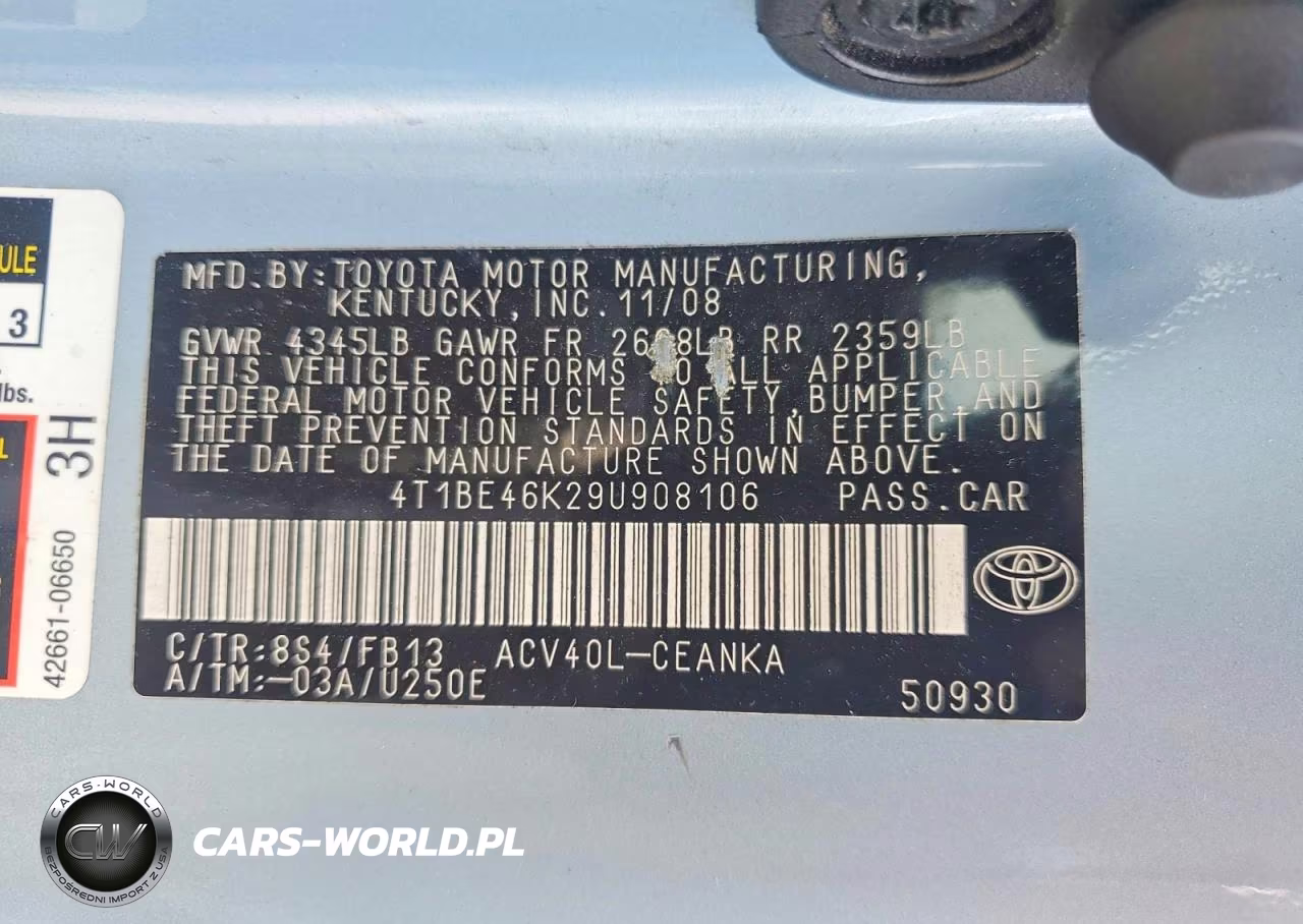 2009 Toyota Camry Le VIN:4T1BE46K29U908106 - 12