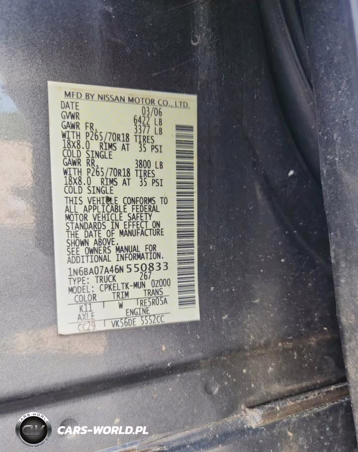 2006 Nissan Titan Xe Ffv VIN:1N6BA07A46N550833 - 13