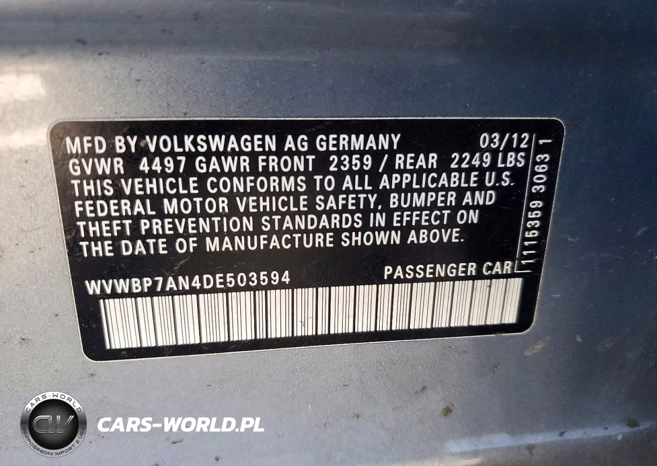 2013 Volkswagen Cc Sport VIN:WVWBP7AN4DE503594 - 12
