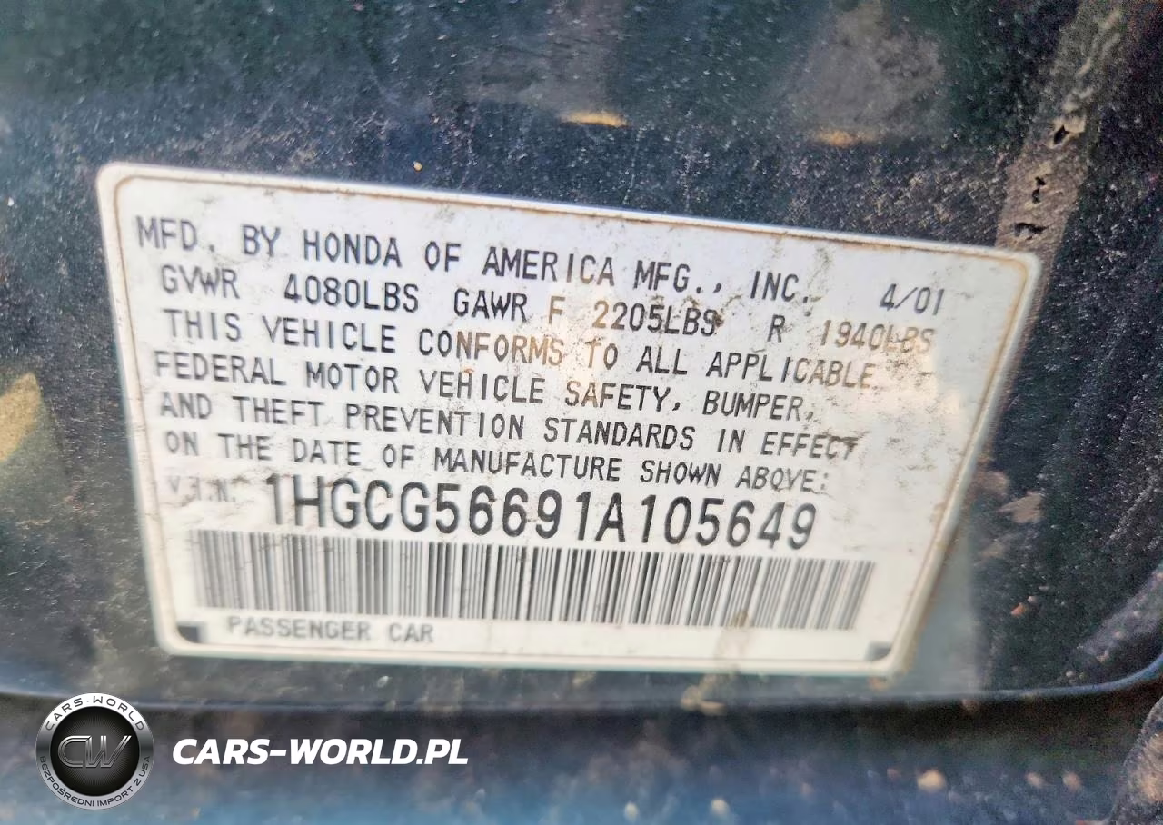 2001 Honda Accord Ex VIN:1HGCG56691A105649 - 12