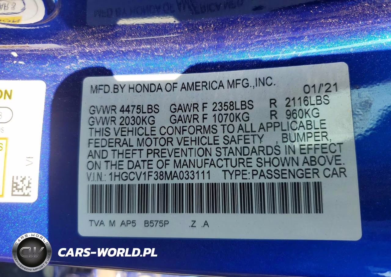 2021 Honda Accord Sport VIN:1HGCV1F38MA033111 - 12
