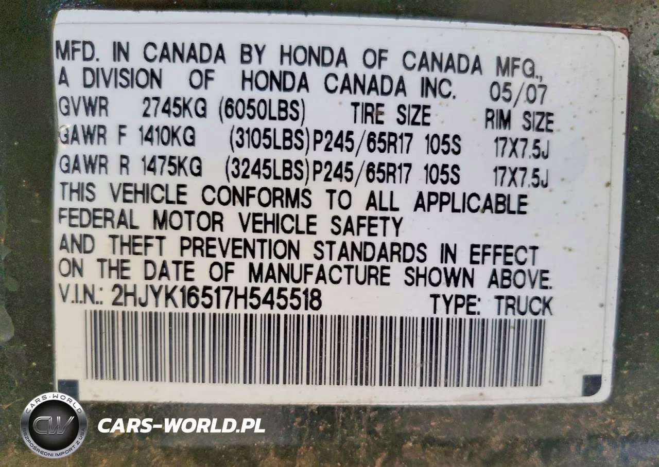 2007 Honda Ridgeline Rtl VIN:2HJYK16517H545518 - 12