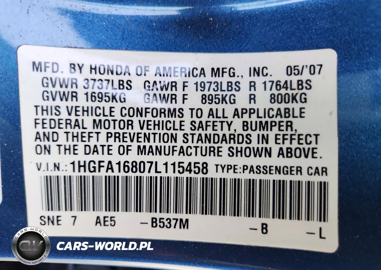 2007 Honda Civic Ex VIN:1HGFA16807L115458 - 12
