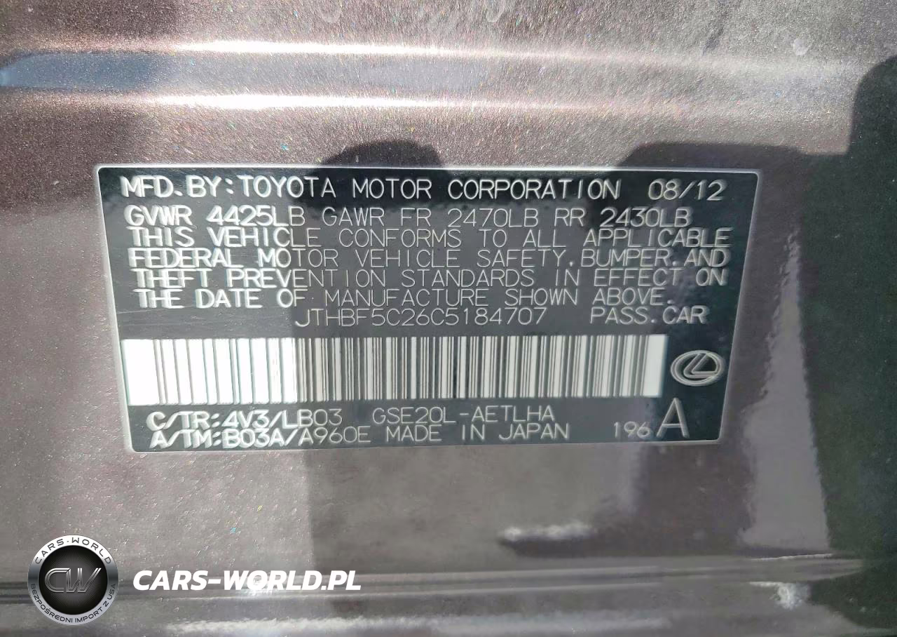 2012 Lexus Is 250 Base VIN:JTHBF5C26C5184707 - 12