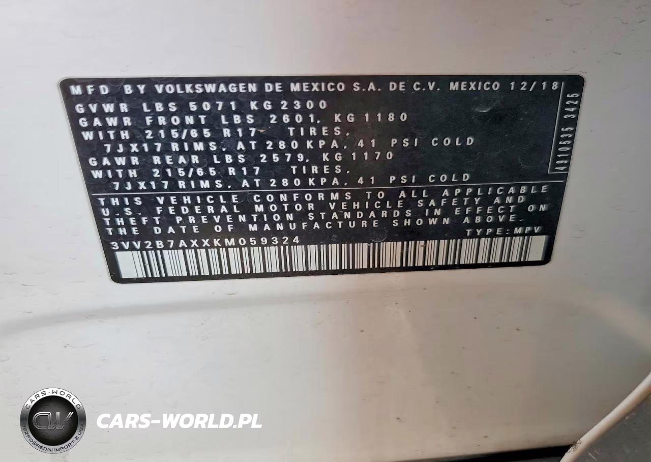 2019 Volkswagen Tiguan Se VIN:3VV2B7AXXKM059324 - 13