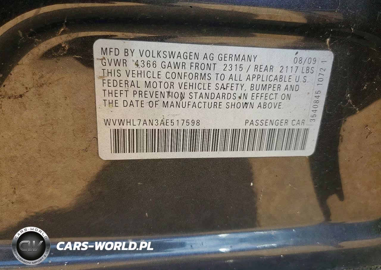 2010 Volkswagen Cc Luxury VIN:WVWHL7AN3AE517598 - 12