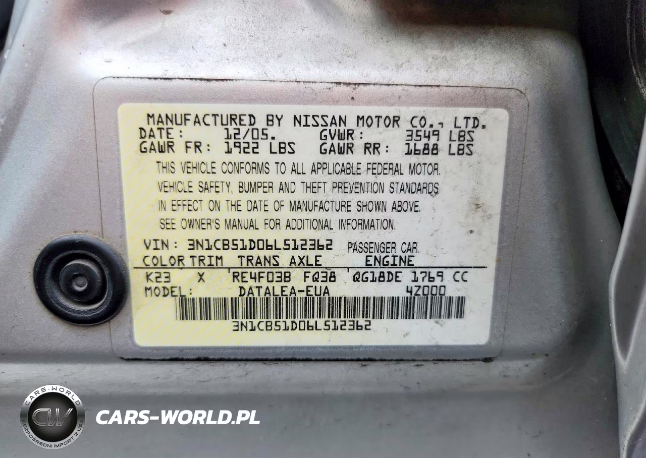 2006 Nissan Sentra 1.8 VIN:3N1CB51D06L512362 - 12