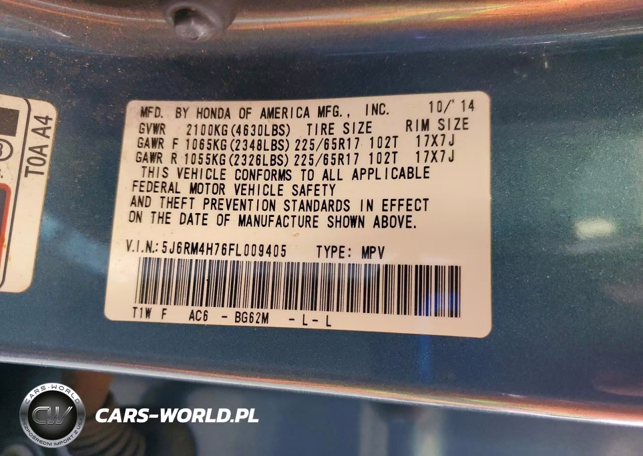 2015 Honda Cr-V Exl VIN:5J6RM4H76FL009405 - 14