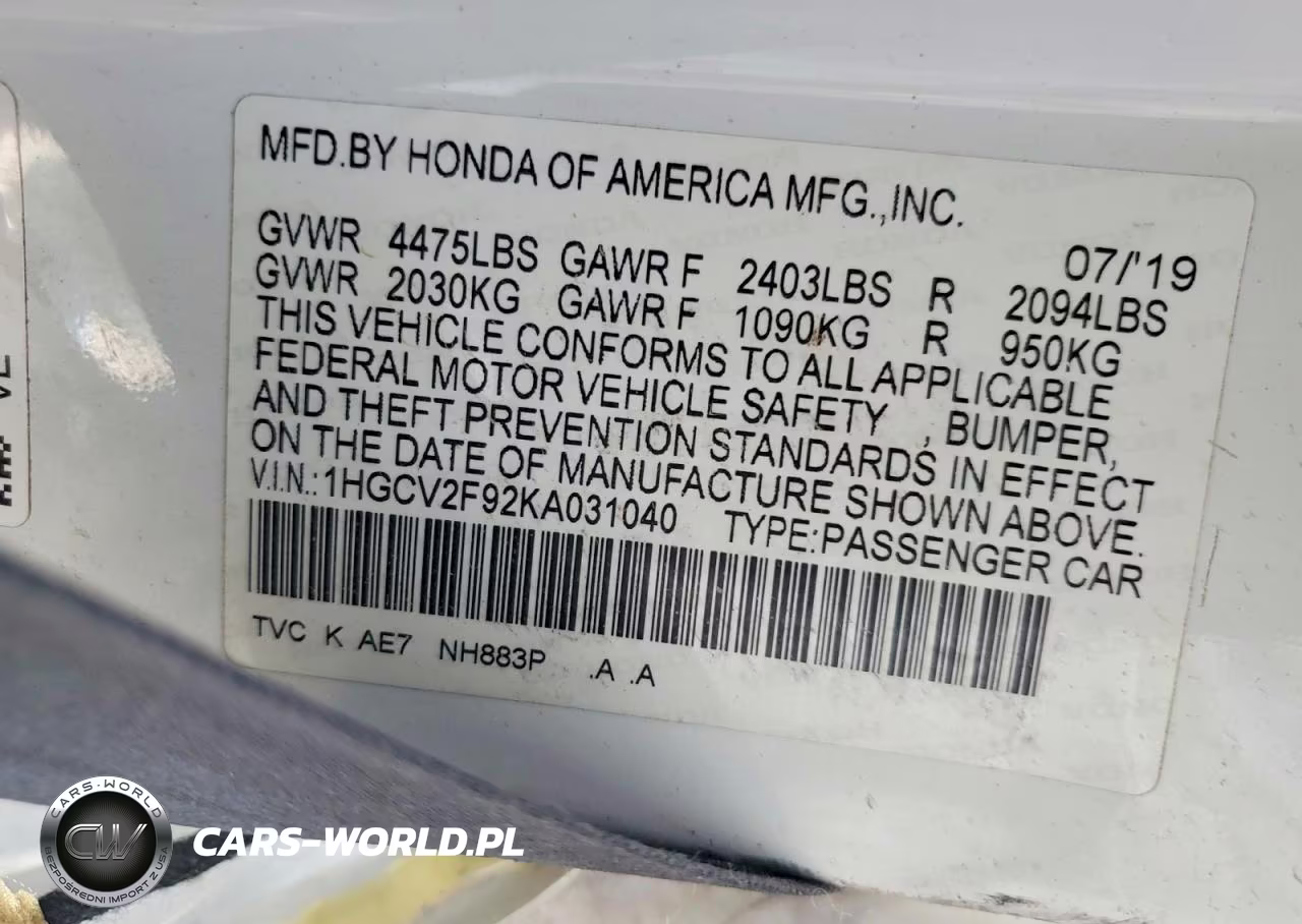 2019 Honda Accord Touring VIN:1HGCV2F92KA031040 - 12