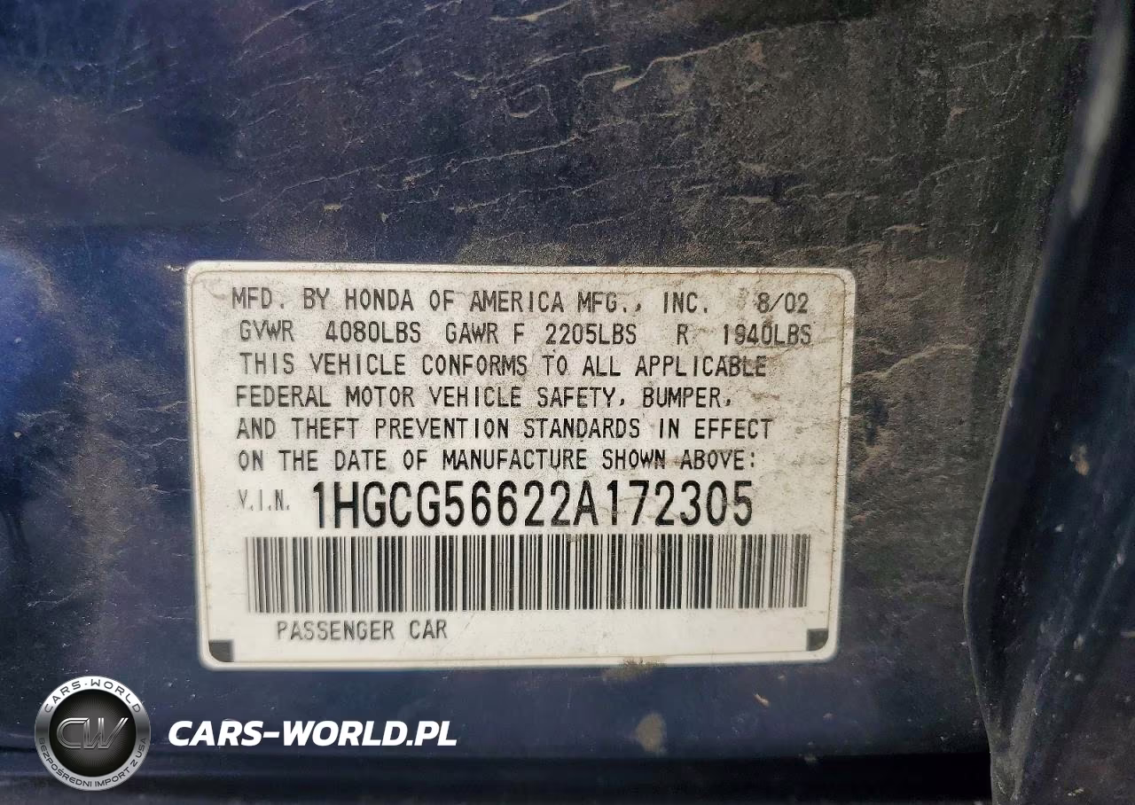 2002 Honda Accord Ex VIN:1HGCG56622A172305 - 12