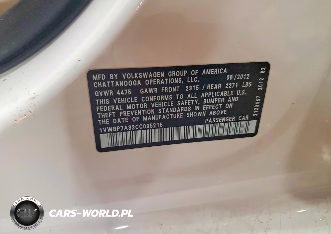 2012 Volkswagen Passat Se VIN:1VWBP7A32CC095215 - 12
