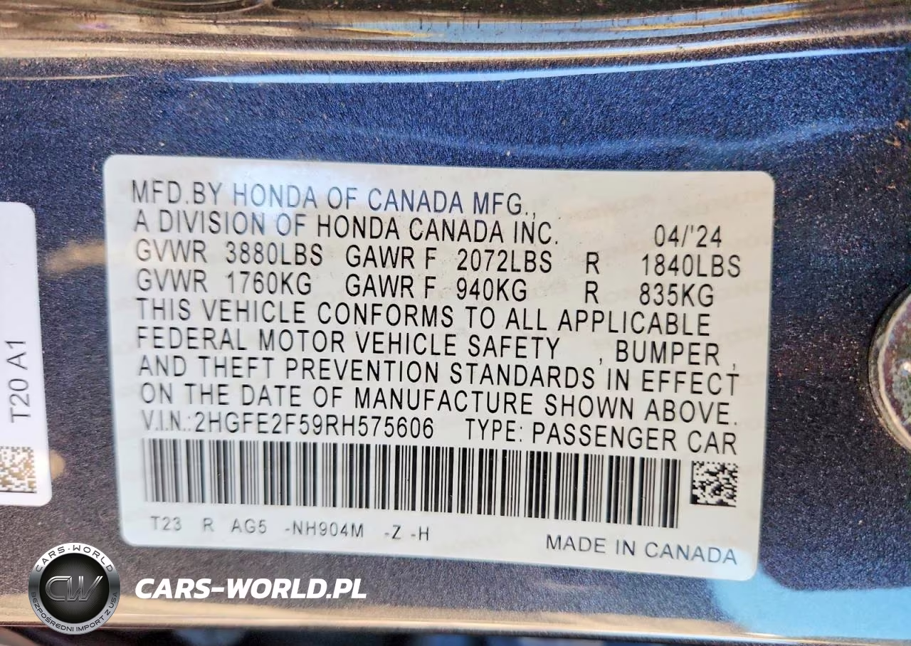 2024 Honda Civic Sport VIN:2HGFE2F59RH575606 - 12