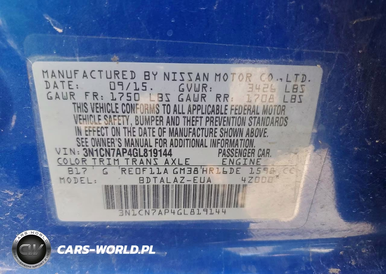 2016 Nissan Versa 1.6 S Plus VIN:3N1CN7AP4GL819144 - 13