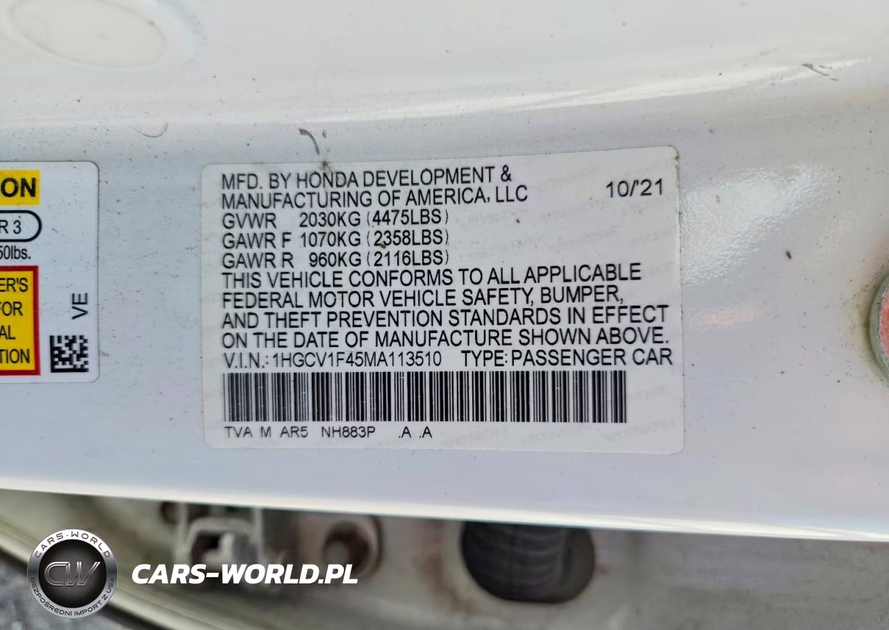 2021 Honda Accord Sport Se VIN:1HGCV1F45MA113510 - 12