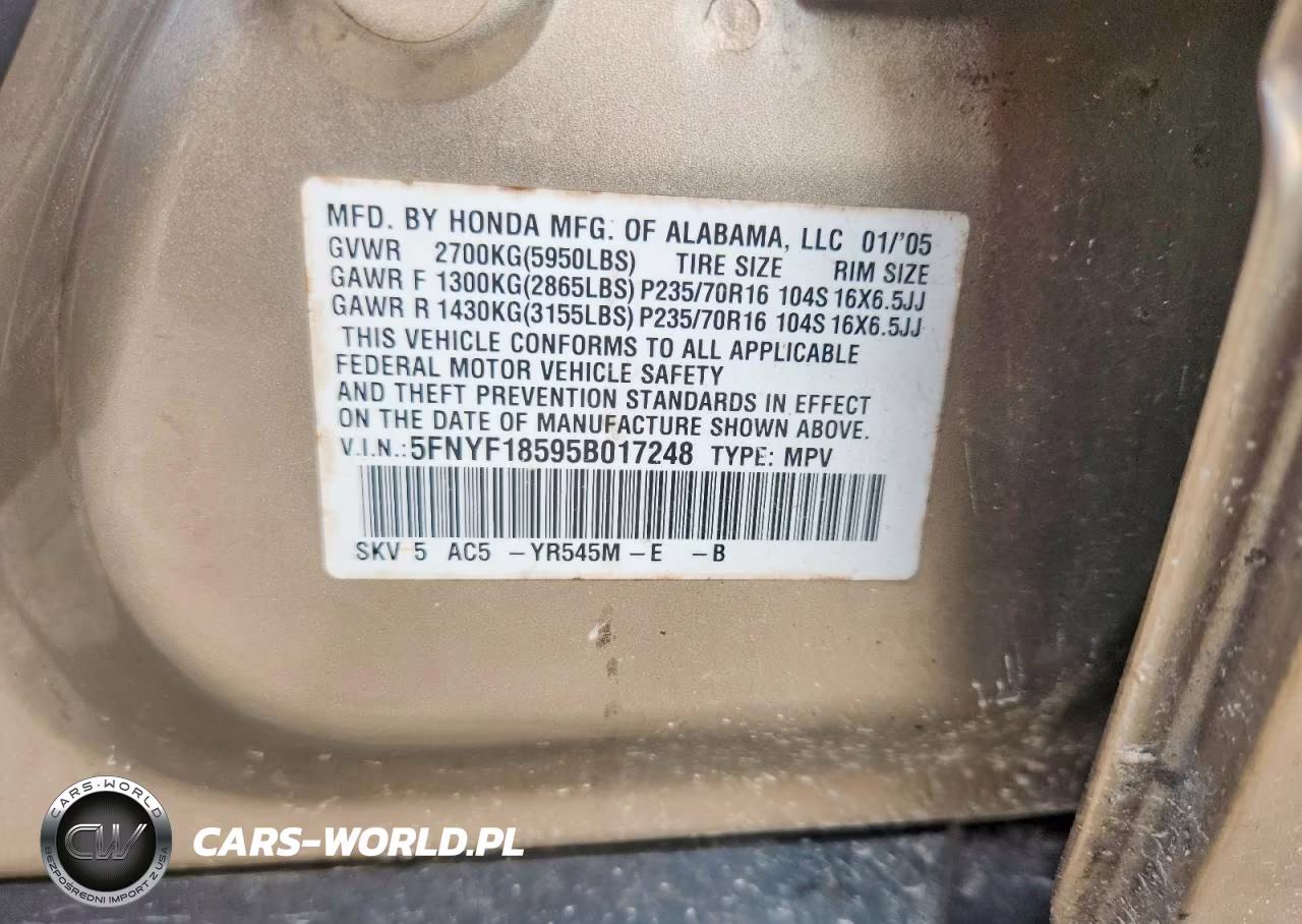 2005 Honda Pilot Exl VIN:5FNYF18595B017248 - 12