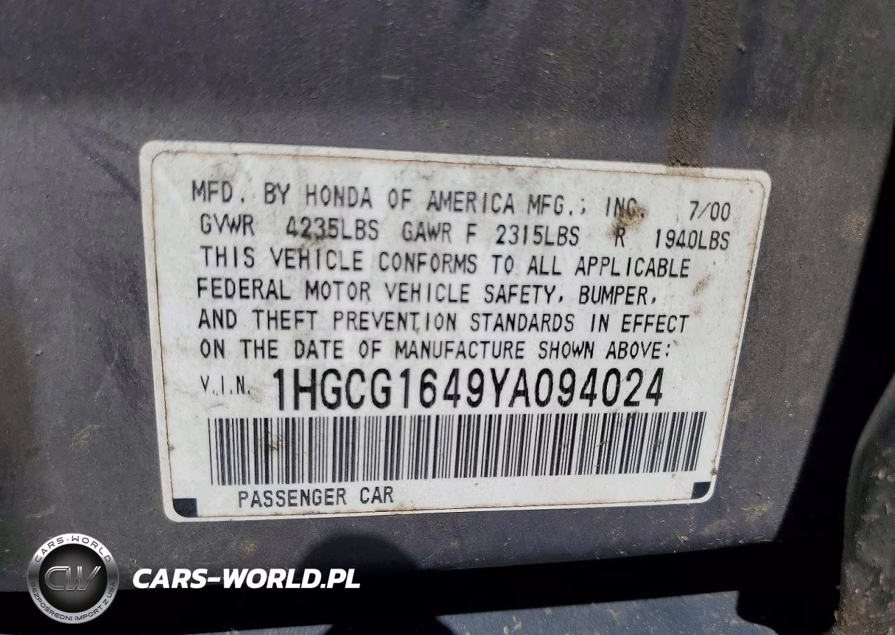 2000 Honda Accord Lx VIN:1HGCG1649YA094024 - 13