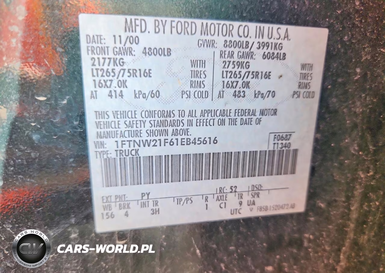 2001 Ford F250 Super Duty VIN:1FTNW21F61EB45616 - 13