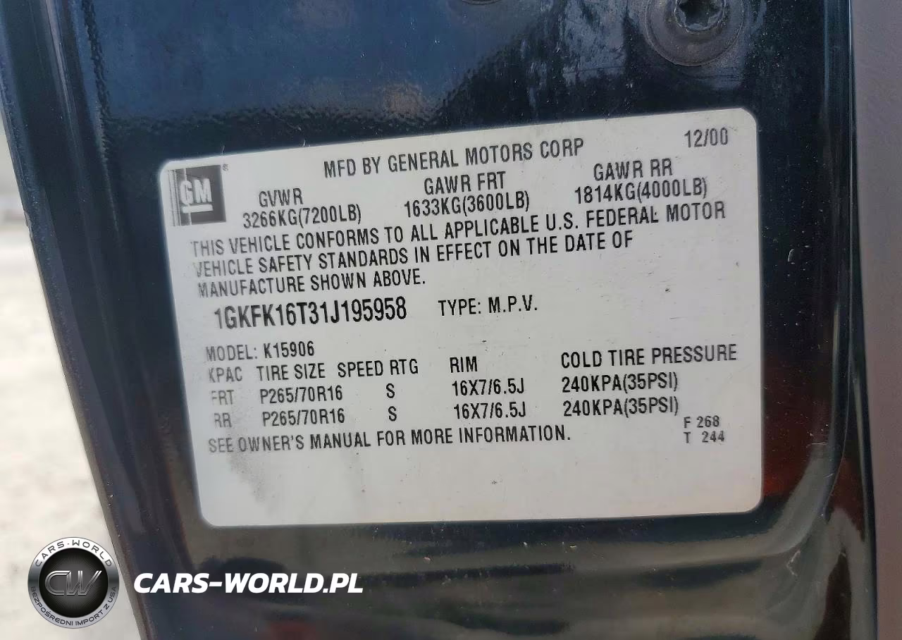 2001 GMC Yukon Xl K1500 VIN:1GKFK16T31J195958 - 12