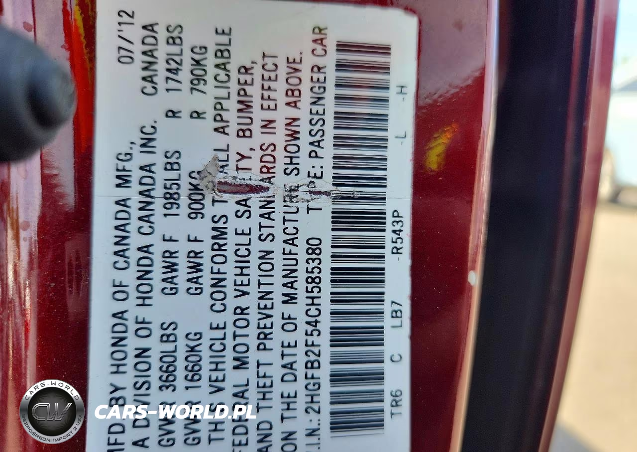 2012 Honda Civic Lx VIN:2HGFB2F54CH585380 - 12