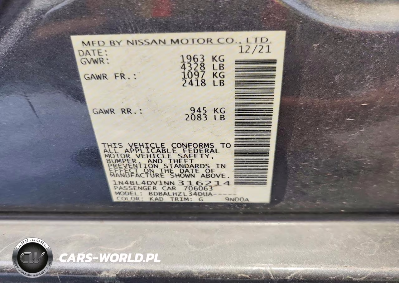2022 Nissan Altima Sv VIN:1N4BL4DV1NN316214 - 12