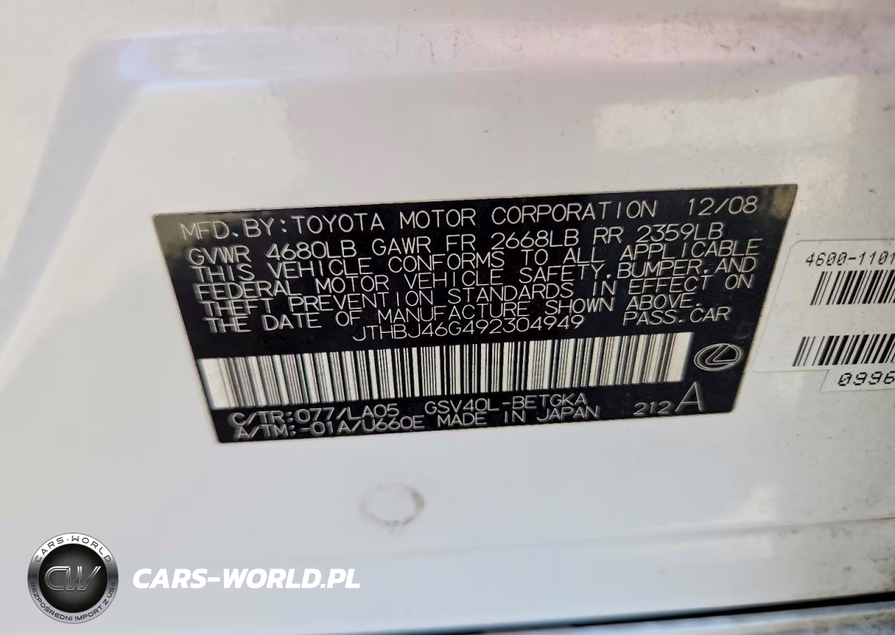 2009 Lexus Es 350 VIN:JTHBJ46G492304949 - 12