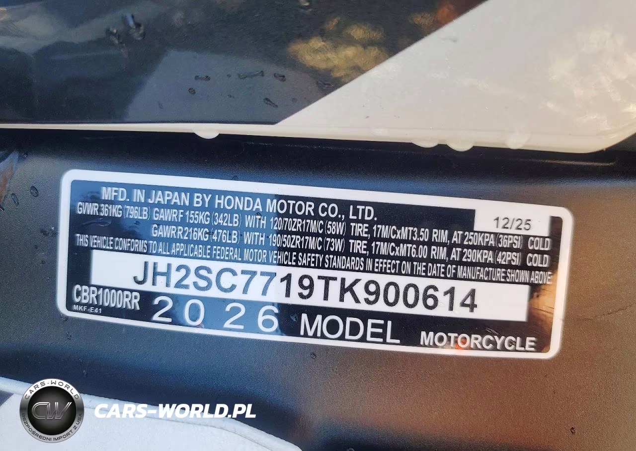 2026 Honda Cbr1000 Rr VIN:JH2SC7719TK900614 - 9