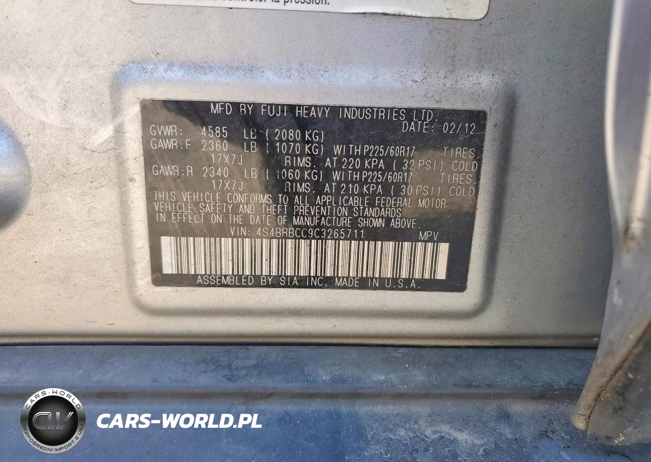 2012 Subaru Outback 2.5I Premium VIN:4S4BRBCC9C3265711 - 13