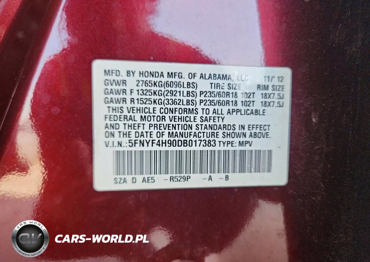 HONDA PILOT TOUR VIN:5FNYF4H90DB017383 - 12