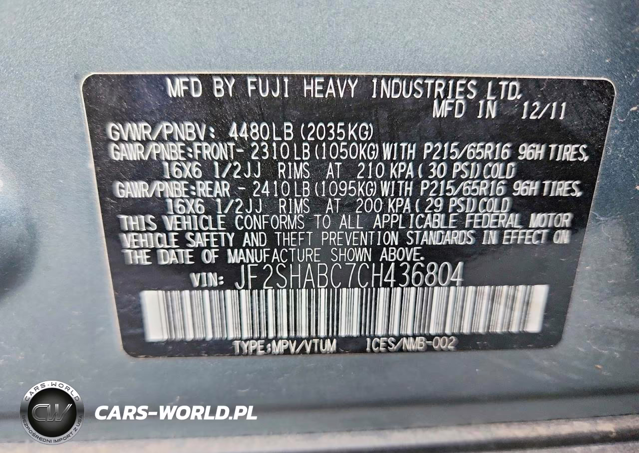 2012 Subaru Forester 2.5X VIN:JF2SHABC7CH436804 - 12