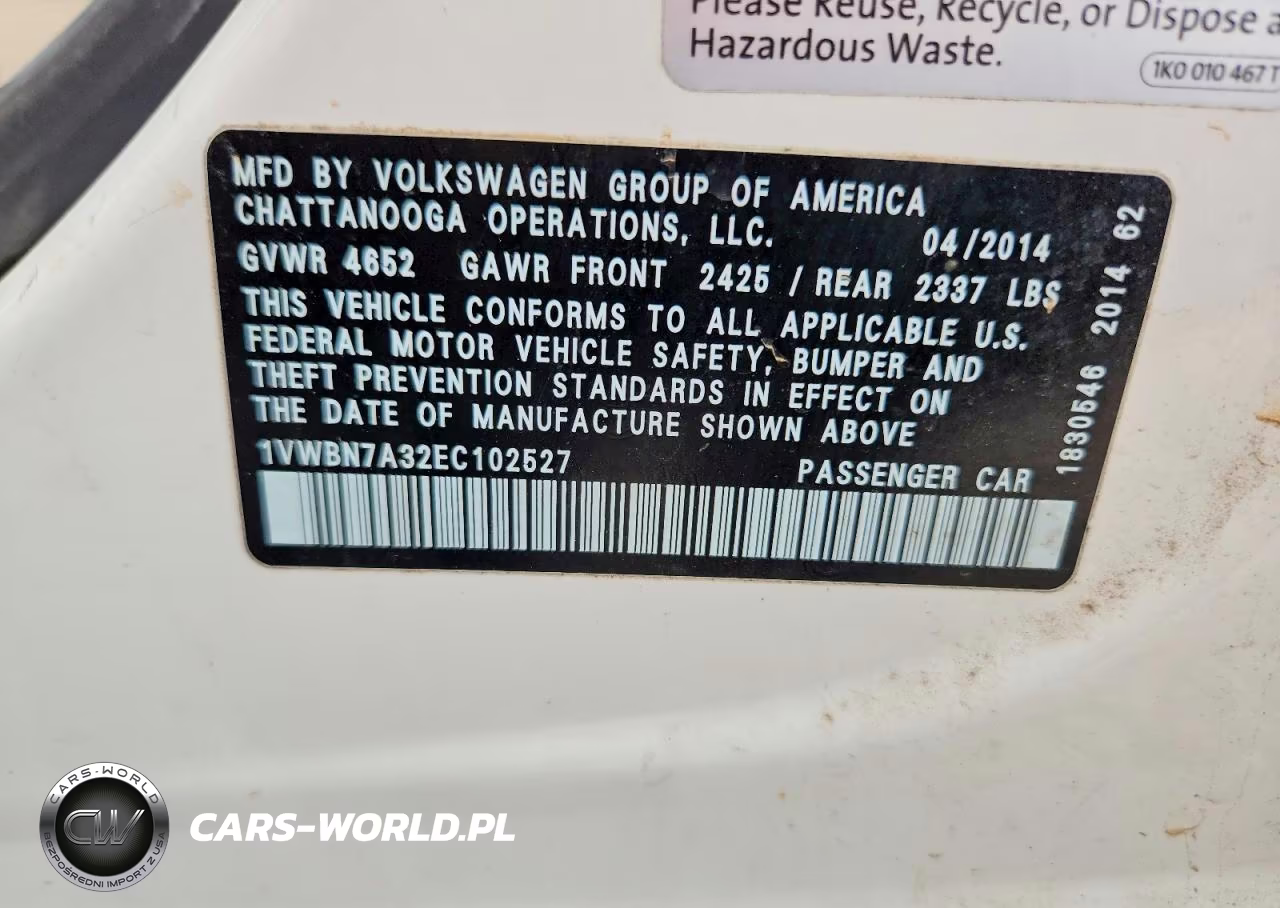 2014 Volkswagen Passat Se VIN:1VWBN7A32EC102527 - 12