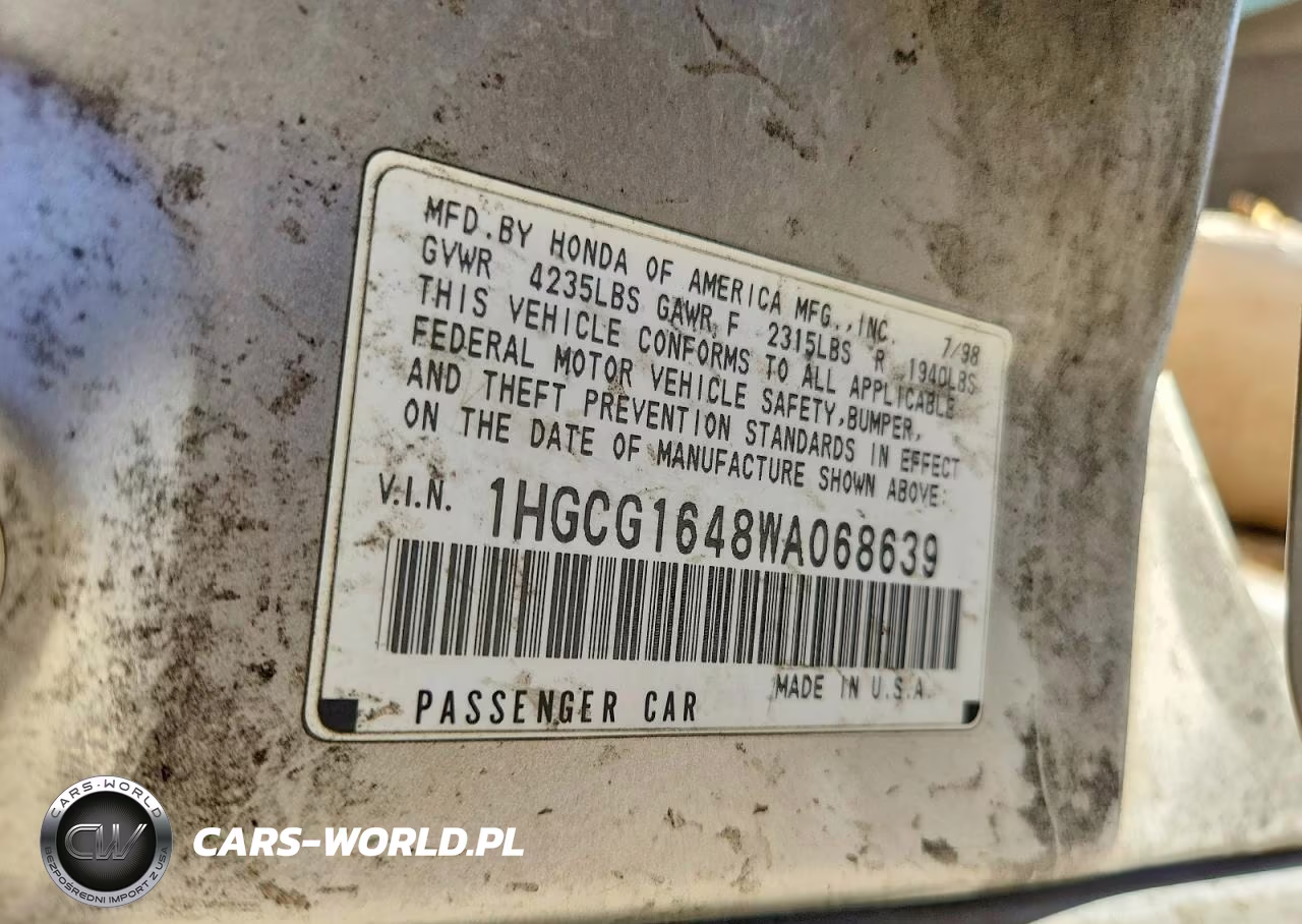 1998 Honda Accord Lx VIN:1HGCG1648WA068639 - 12