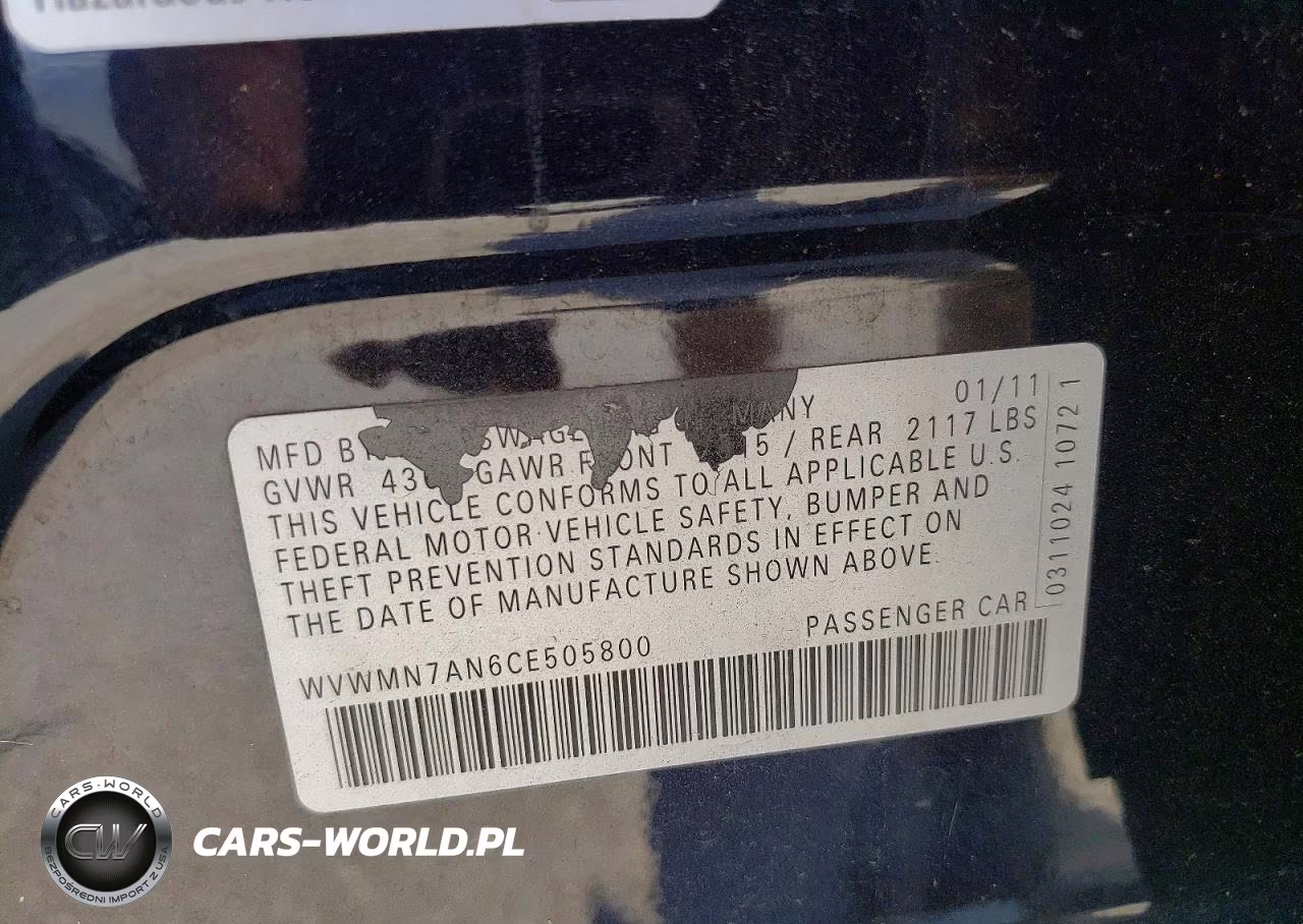 2012 Volkswagen Cc Sport VIN:WVWMN7AN6CE505800 - 12