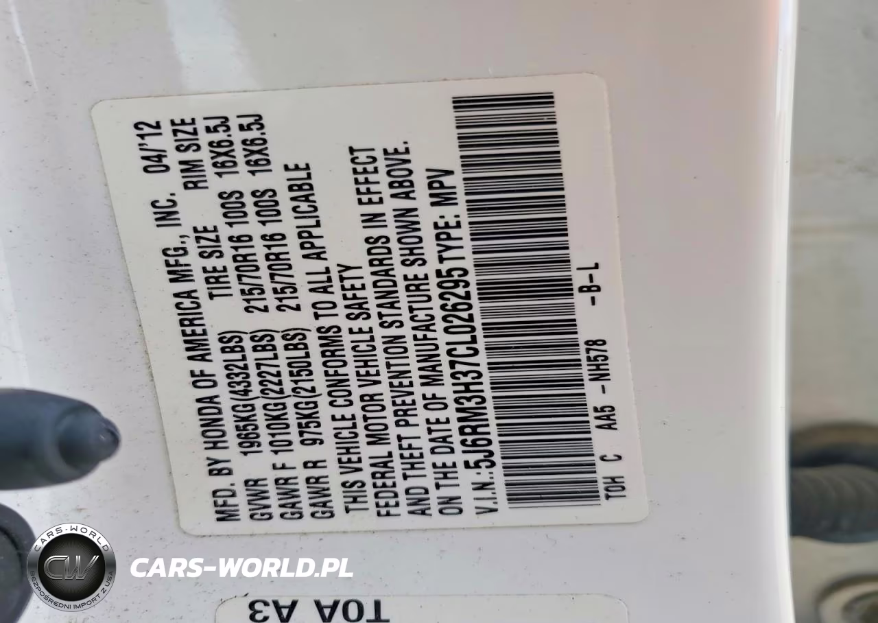 2012 Honda Cr-V Lx VIN:5J6RM3H37CL026295 - 12