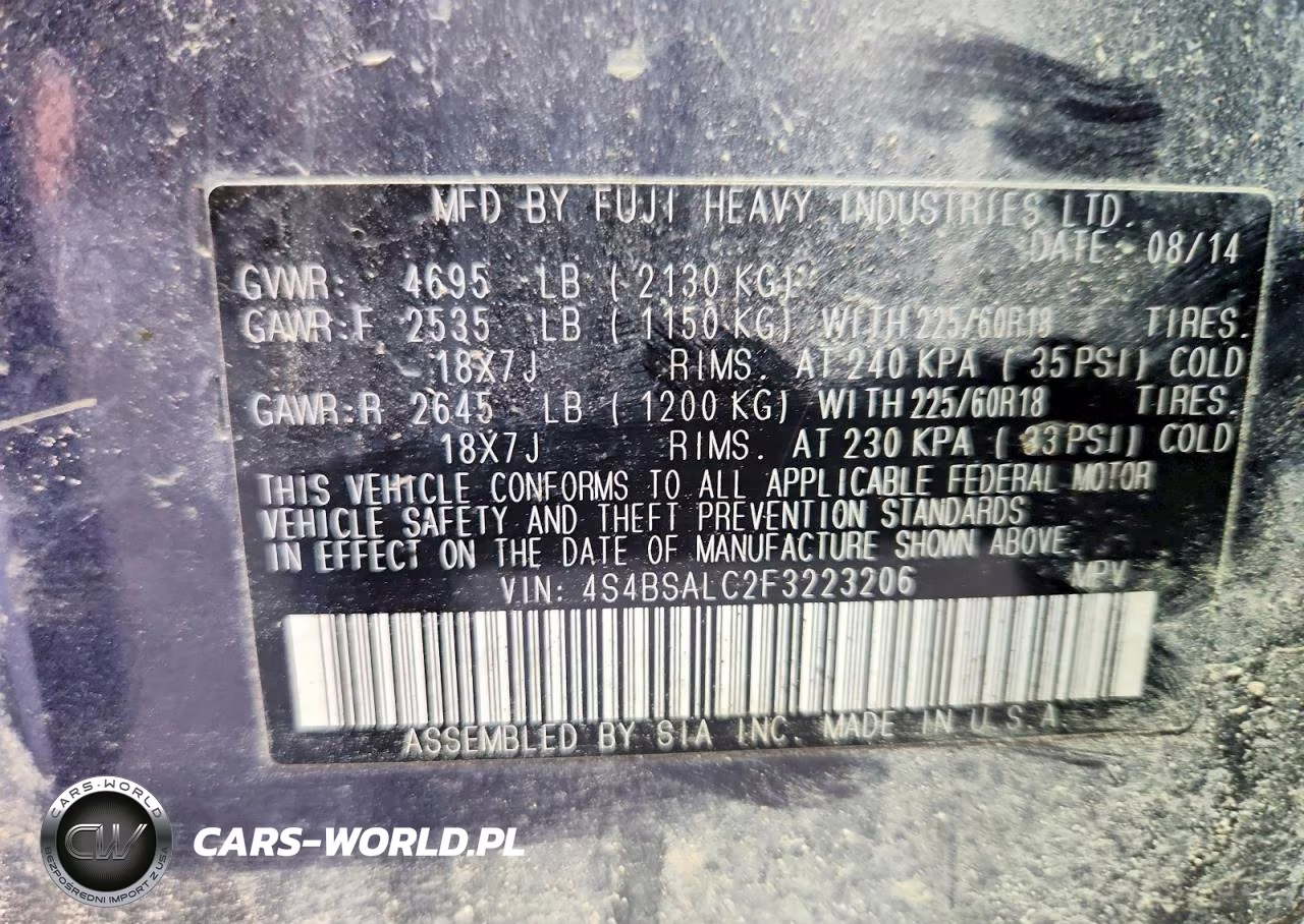2015 Subaru Outback 2.5I Limited VIN:4S4BSALC2F3223206 - 13