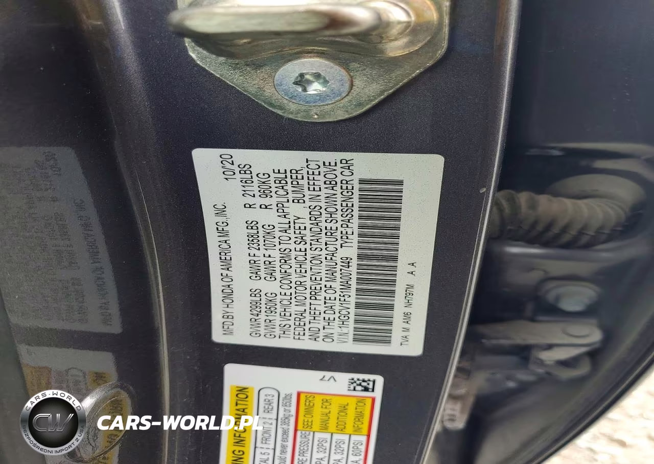 2021 Honda Accord Exl VIN:1HGCV1F51MA007449 - 12