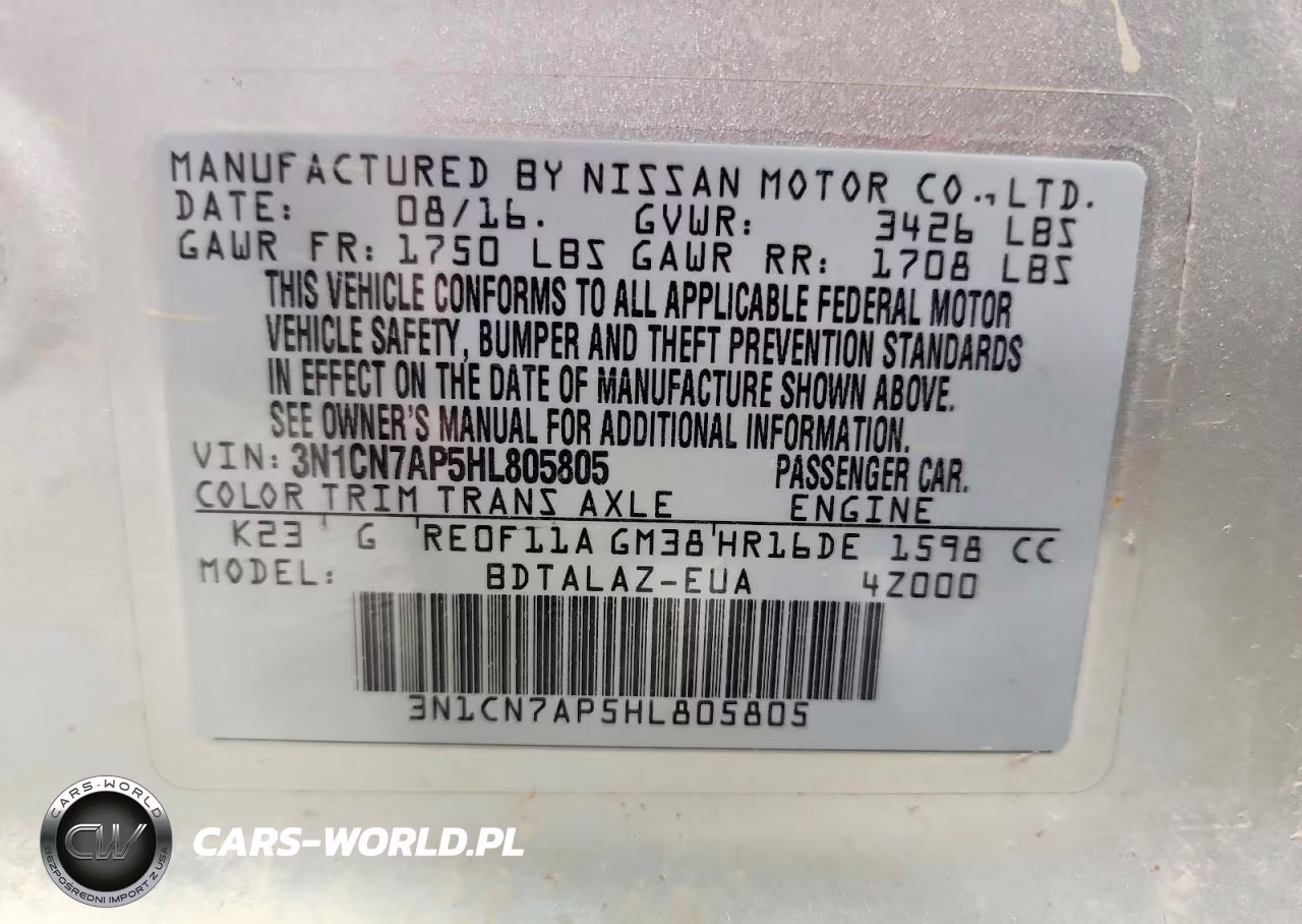 2017 Nissan Versa 1.6 S Plus VIN:3N1CN7AP5HL805805 - 12