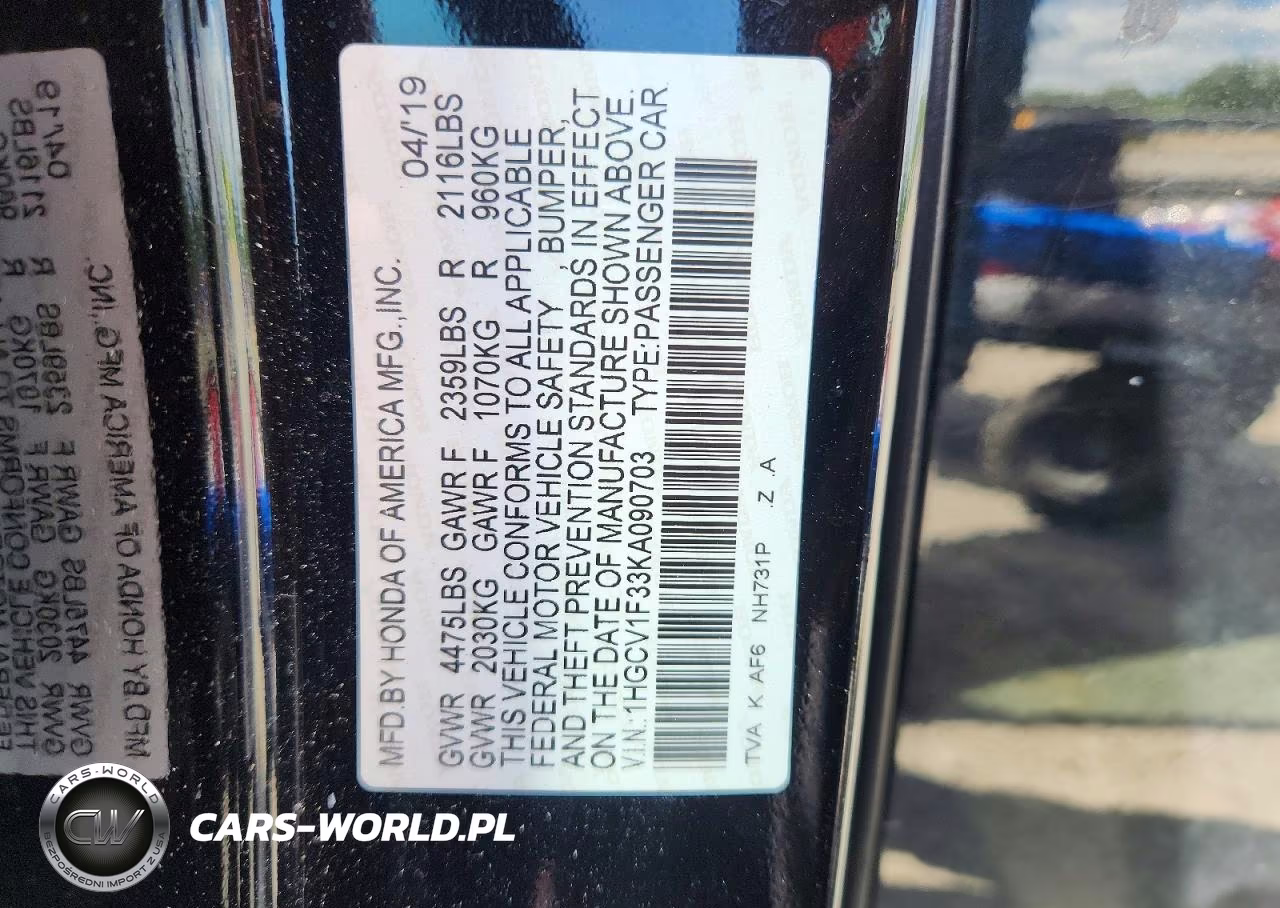 2019 Honda Accord Sport VIN:1HGCV1F33KA090703 - 12
