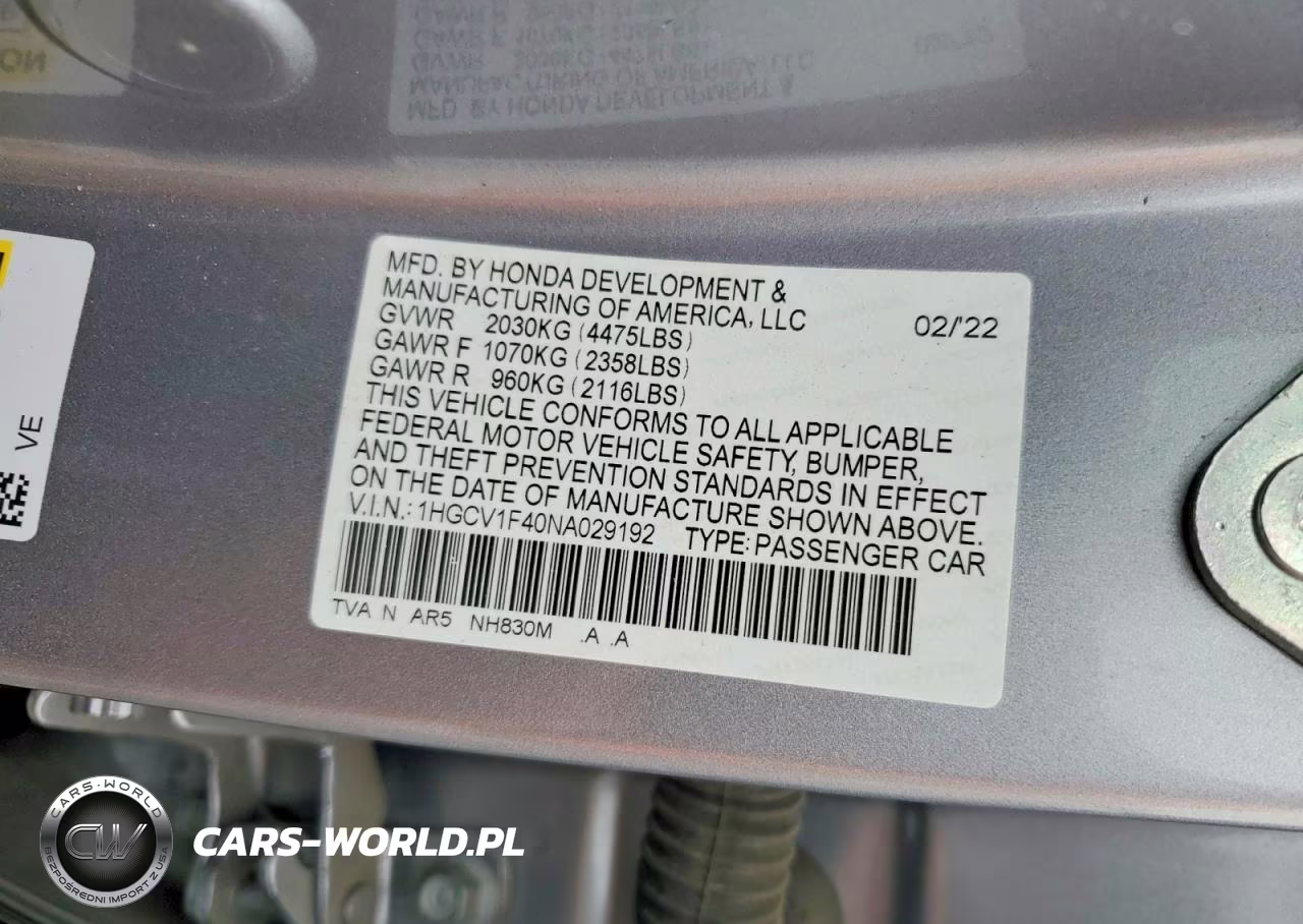 2022 Honda Accord Sport Se VIN:1HGCV1F40NA029192 - 12