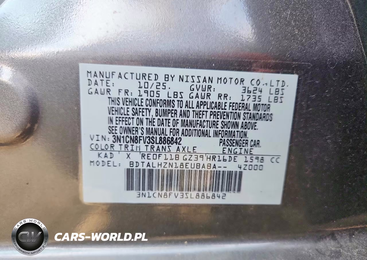 2025 Nissan Versa Sr VIN:3N1CN8FV3SL886842 - 12
