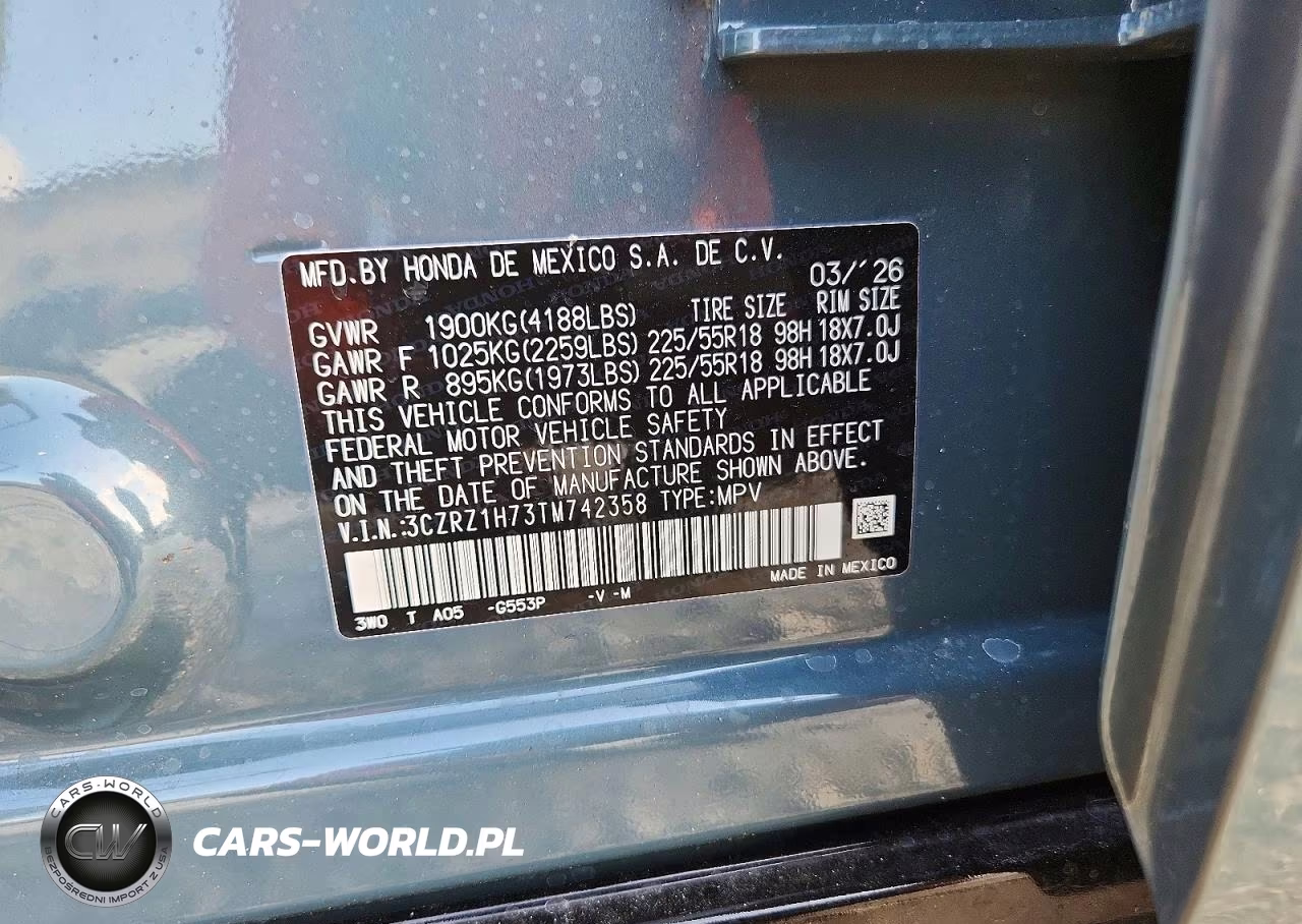 2026 Honda Hr-V Exl VIN:3CZRZ1H73TM742358 - 13